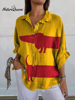 Women's Cute Animal Fun and Colorful Dogs Dachshund Print Casual Linen V-neck Shirt