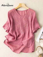 Women's Cotton And Linen Short Sleeve Embroidery Blouse