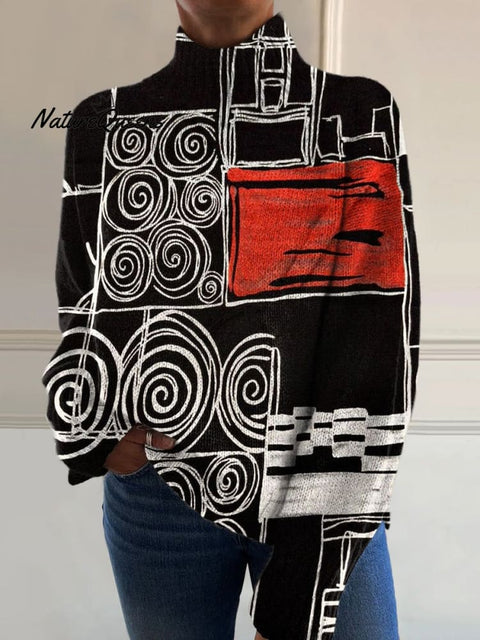 Abstract Circle Color Block Art Print Knit Turtleneck Pullover Sweater