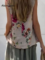 Women’s Flowers Print Casual Cotton And Linen Tank Top