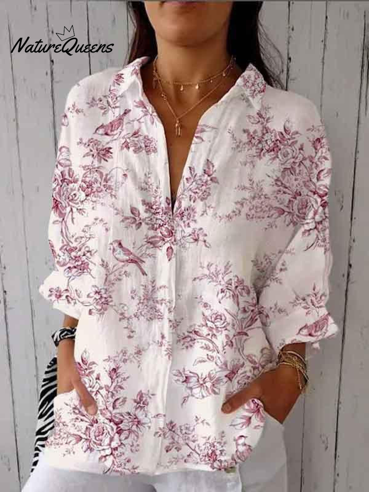 Women's Red Line Drawing Flower and Bird Print Tops