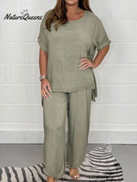 Women's Solid Color Cotton And Linen Short-sleeved Two-piece Suit