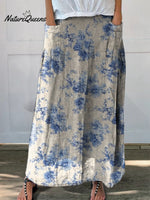 Women’s Retro Elegant Floral Art Printed Linen Elastic Waistband Pocket Skirt