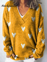 Lovely Hearts Repeat Pattern Printed Knit V-Neck Pullover Sweater
