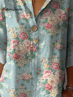 Retro Style Ditsy Rose Pattern Printed Women's Casual Cotton Linen Shirt