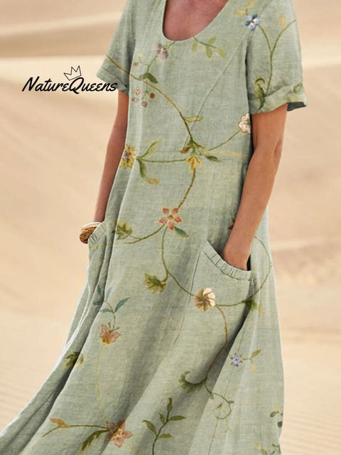 Women’s Elegant Flowers Art Print Casual Linen Pocket Dress