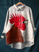 Funny Rooster Graphic Printed Women's Casual Cotton And Linen Shirt