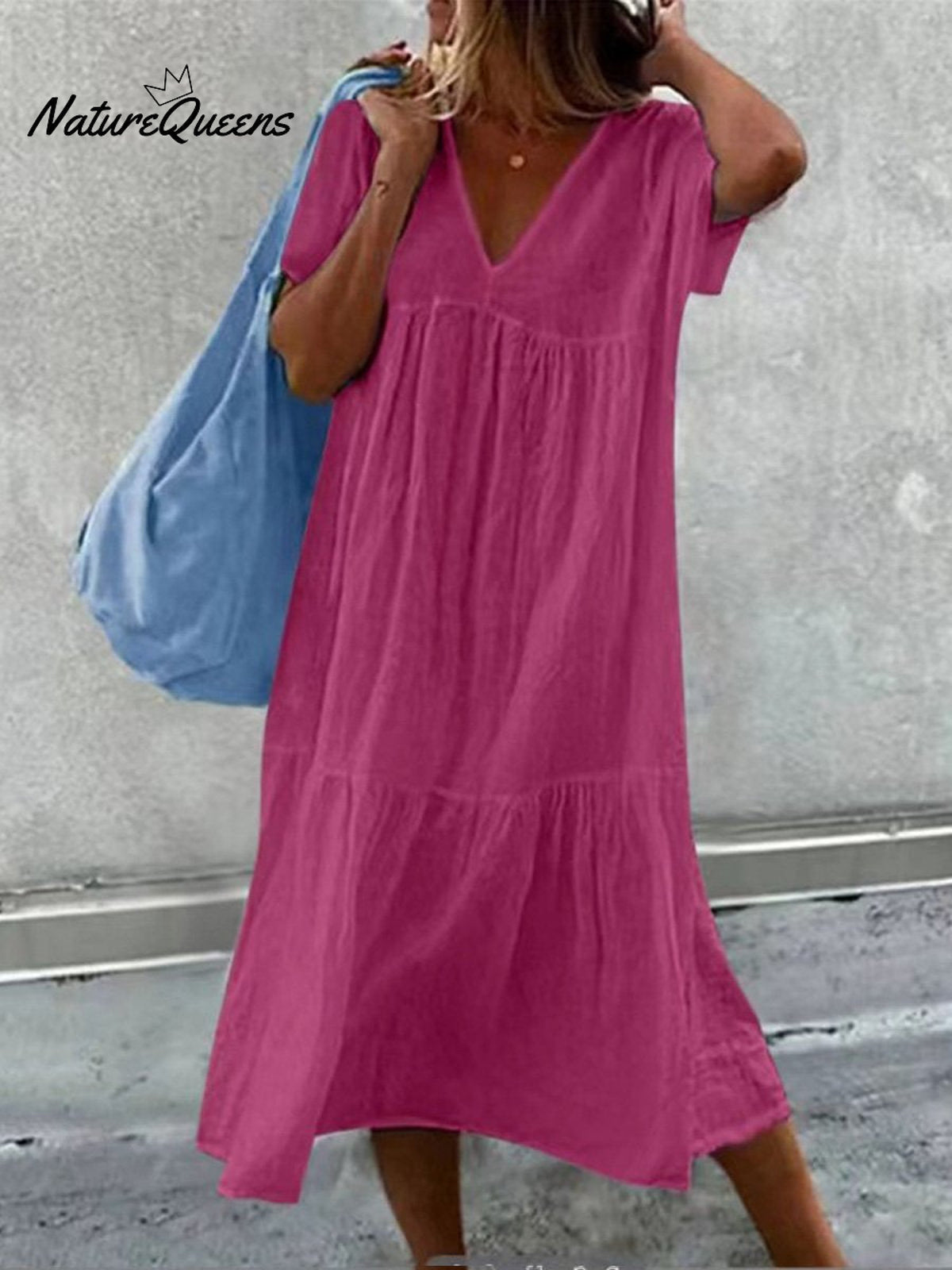 Women's V-Neck Short Sleeve Cotton And Linen Midi Dress