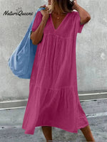 Women's V-Neck Short Sleeve Cotton And Linen Midi Dress