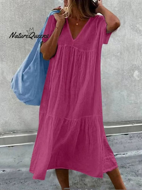 Women's V-Neck Short Sleeve Cotton And Linen Midi Dress