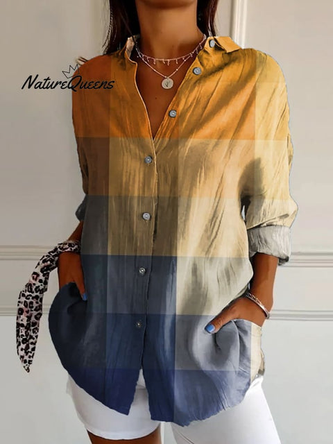Women's Blue Yellow Gradient Mosaic Abstract Art Print Casual Cotton Shirt