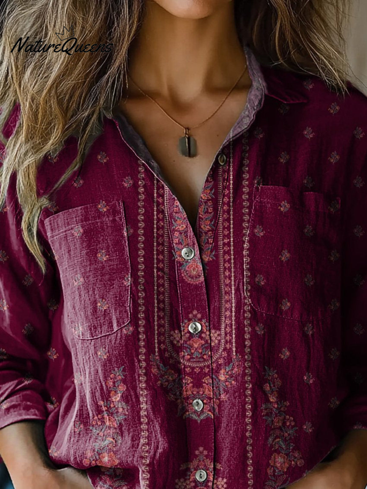 Simple Ethnic Floral Pattern Printed Women's Casual Long Sleeve Comfortable Cotton Shirt