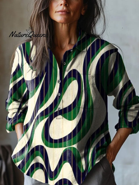 Abstract Swirl Pattern Printed Women's Casual Cotton And Linen Shirt