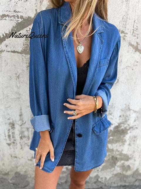 Women's Solid Color Loose Long Sleeve Denim Jacket