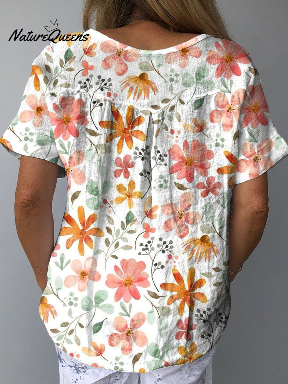 Women’s Floral Art Print Casual Cotton And Linen Shirt