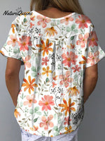 Women’s Floral Art Print Casual Cotton And Linen Shirt