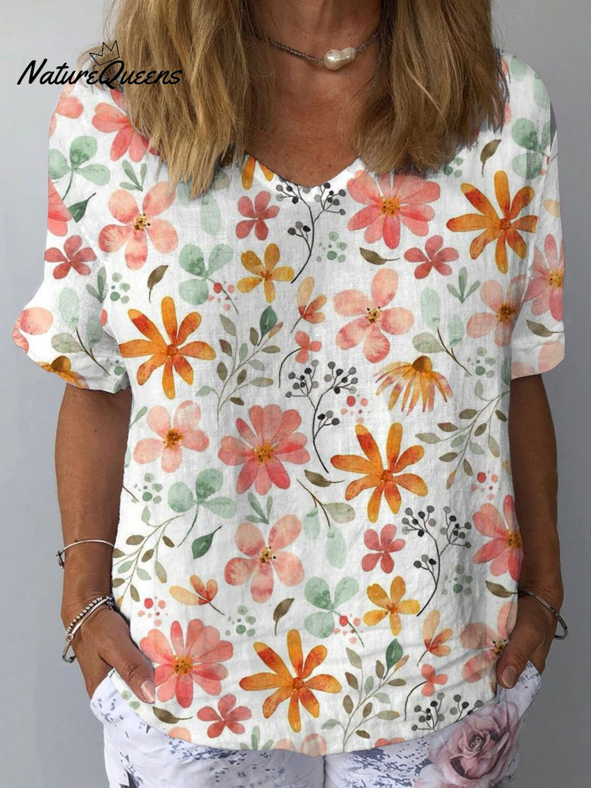 Women’s Floral Art Print Casual Cotton And Linen Shirt Multicolor / S