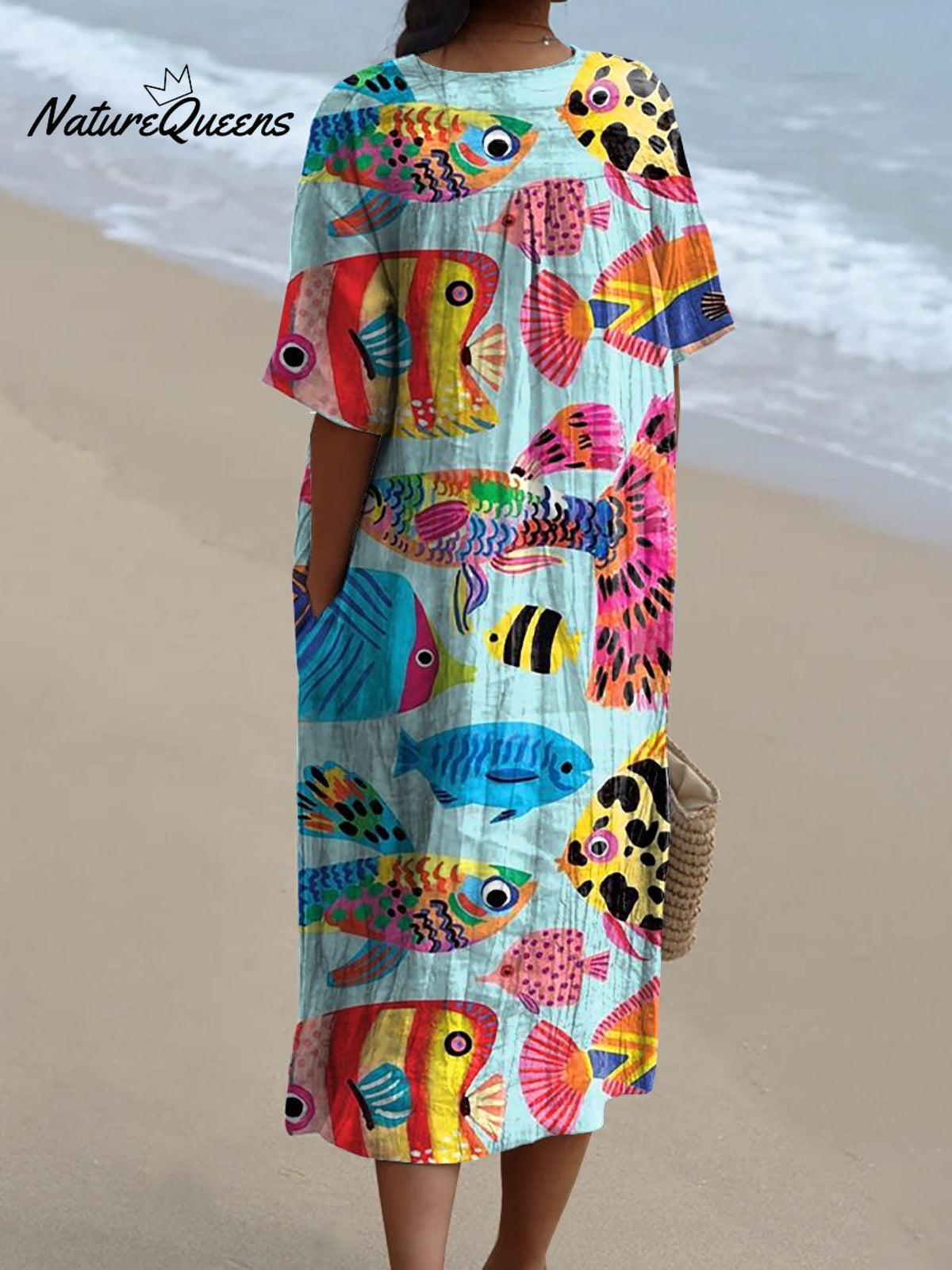 Cartoon Tropical Fish Pattern Printed Women's Flowy Dress