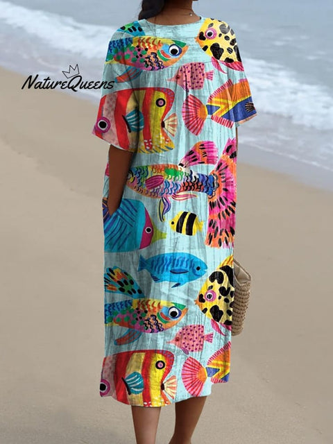 Cartoon Tropical Fish Pattern Printed Women's Flowy Dress