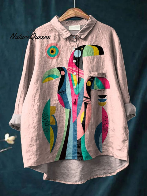 Toucan Bird Graphic Printed Women's Casual Cotton And Linen Shirt