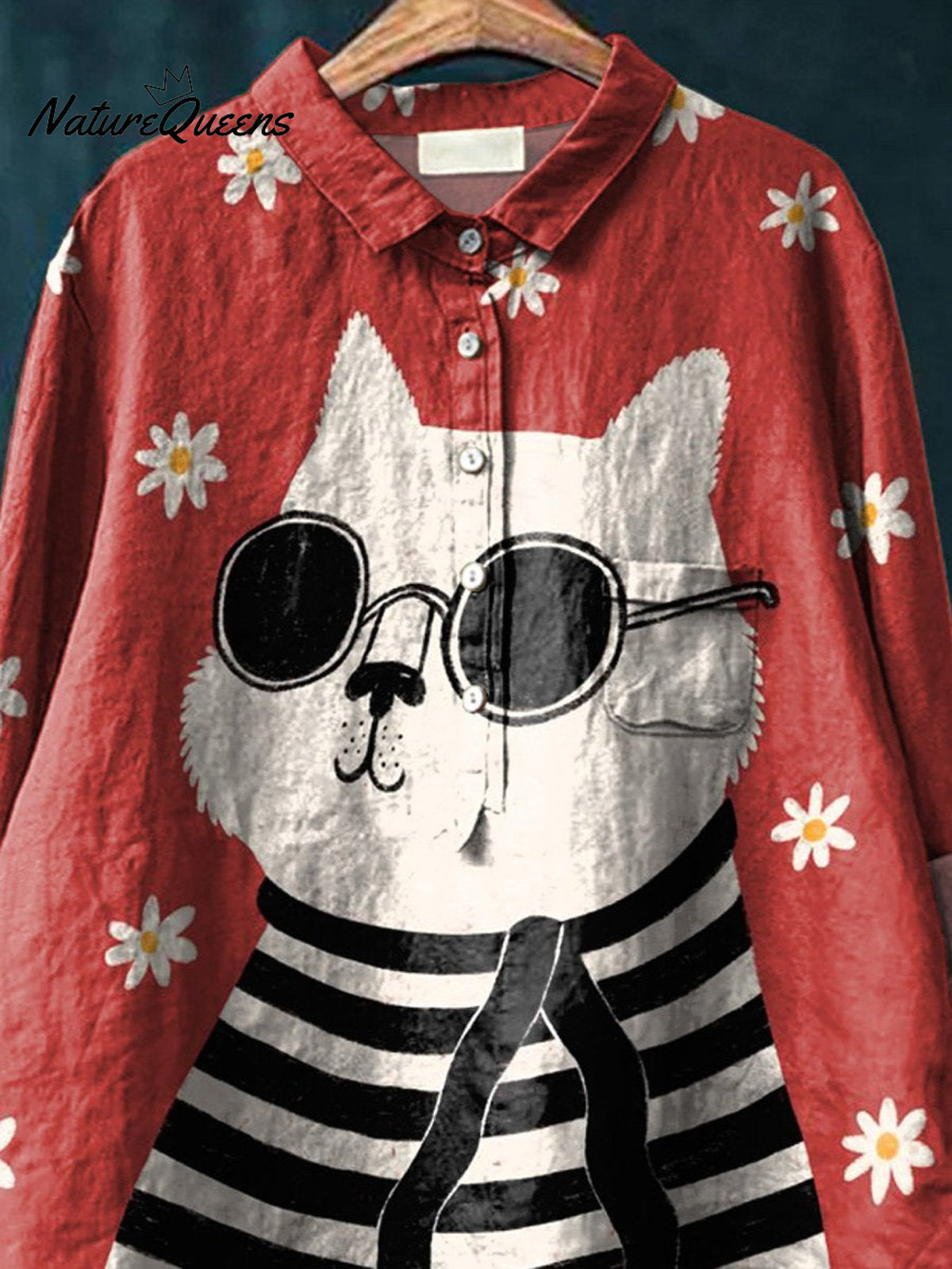 Cat In Sunglasses Graphic Printed Women's Casual Cotton And Linen Shirt