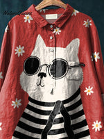 Cat In Sunglasses Graphic Printed Women's Casual Cotton And Linen Shirt