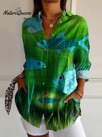 Pond Fish And Hidden Gem Art Printed Women's Casual Cotton Shirt