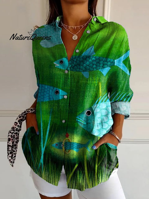 Pond Fish And Hidden Gem Art Printed Women's Casual Cotton Shirt