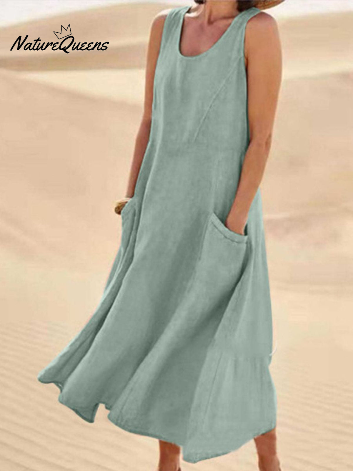 Women Sleeveless Sundress Elegant Round Neck Cotton Linen Solid Long Tank Casual Summer Dress Green