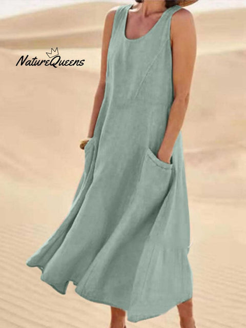 Women Sleeveless Sundress Elegant Round Neck Cotton Linen Solid Long Tank Casual Summer Dress Green