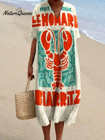 Women's Vintage French Biarritz Lobster Art Print Flowy Dress