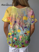 Women’s Retro Elegant Floral Art Print Casual Cotton And Linen Shirt