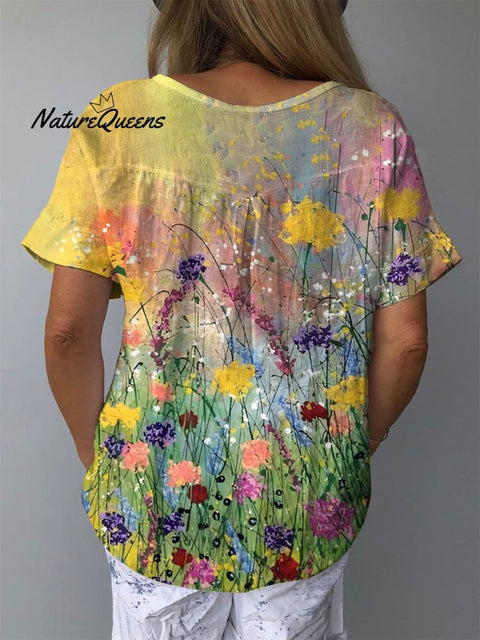 Women’s Retro Elegant Floral Art Print Casual Cotton And Linen Shirt