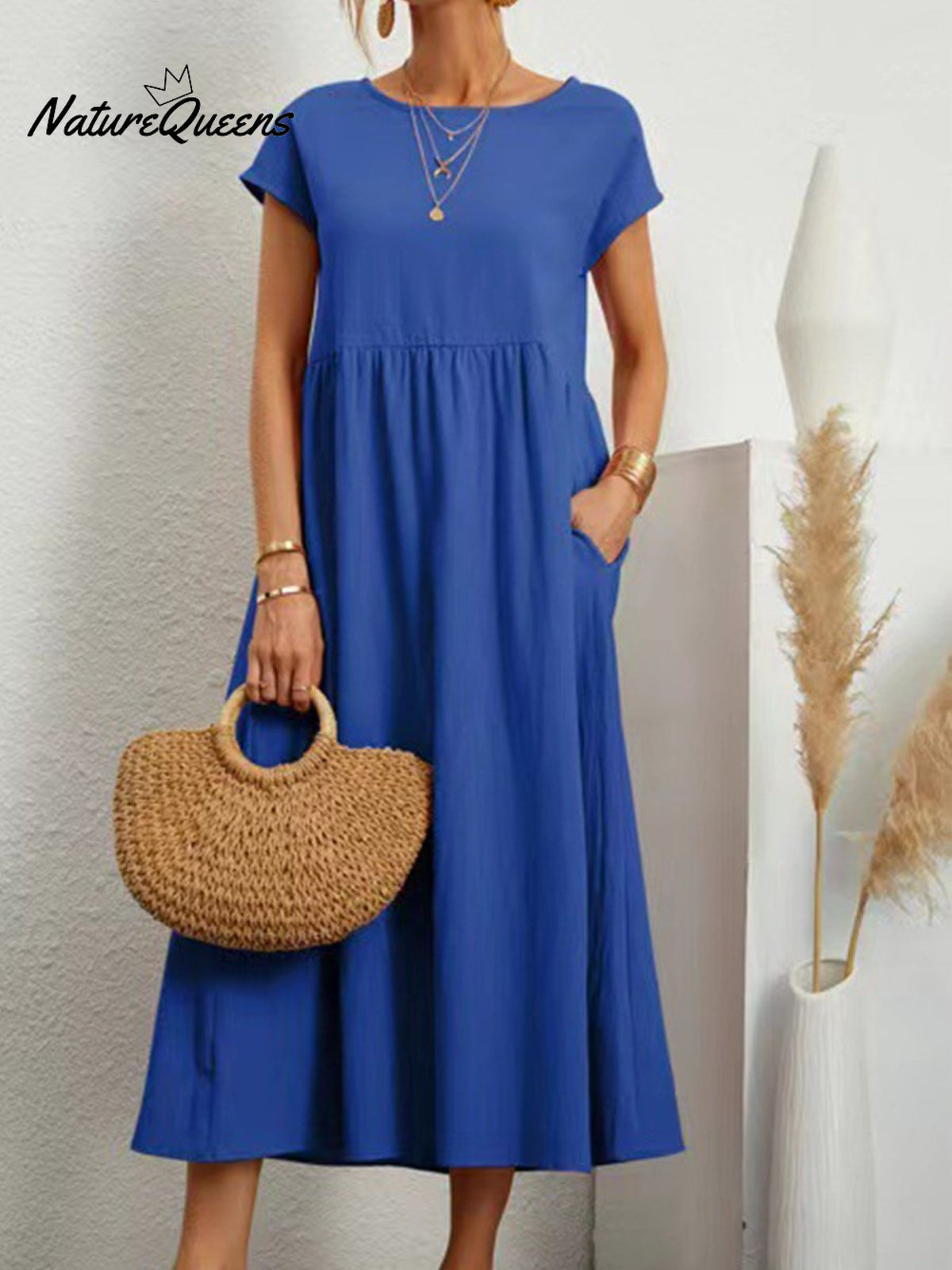 Women’s Solid Color Cotton Linen Round Neck A - Line Dress Blue / S