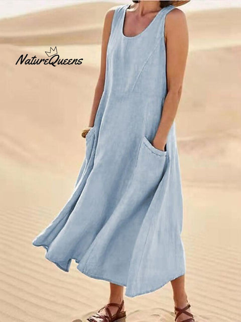 Women Sleeveless Sundress Elegant Round Neck Cotton Linen Solid Long Tank Casual Summer Dress Sky