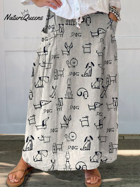 Women's Cute Dog Art Print  Linen Pocket Skirt