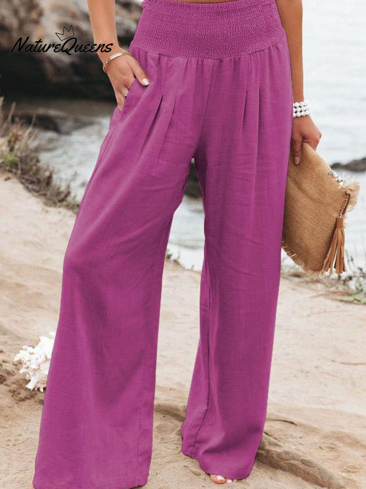 Women’s Cotton And Linen Elasticated Waist - Waisted Wide - Leg Pants Rose Red / S