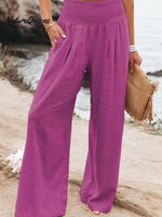 Women’s Cotton And Linen Elasticated Waist - Waisted Wide - Leg Pants Rose Red / S