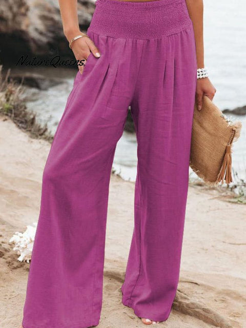 Women’s Cotton And Linen Elasticated Waist - Waisted Wide - Leg Pants Rose Red / S