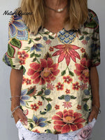 Women's Vintage Flower Art Print Casual Cotton And Linen Shirt