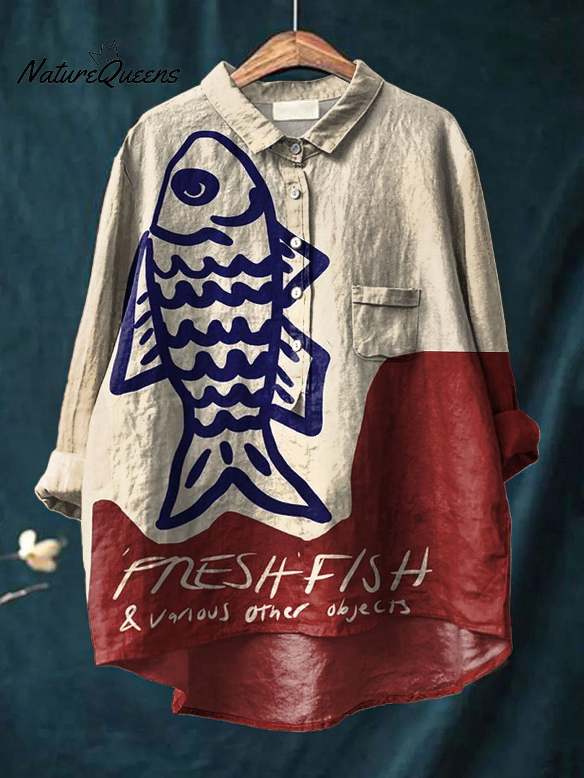 Women's Vintage Fish Art Print Casual Cotton And Linen Shirt
