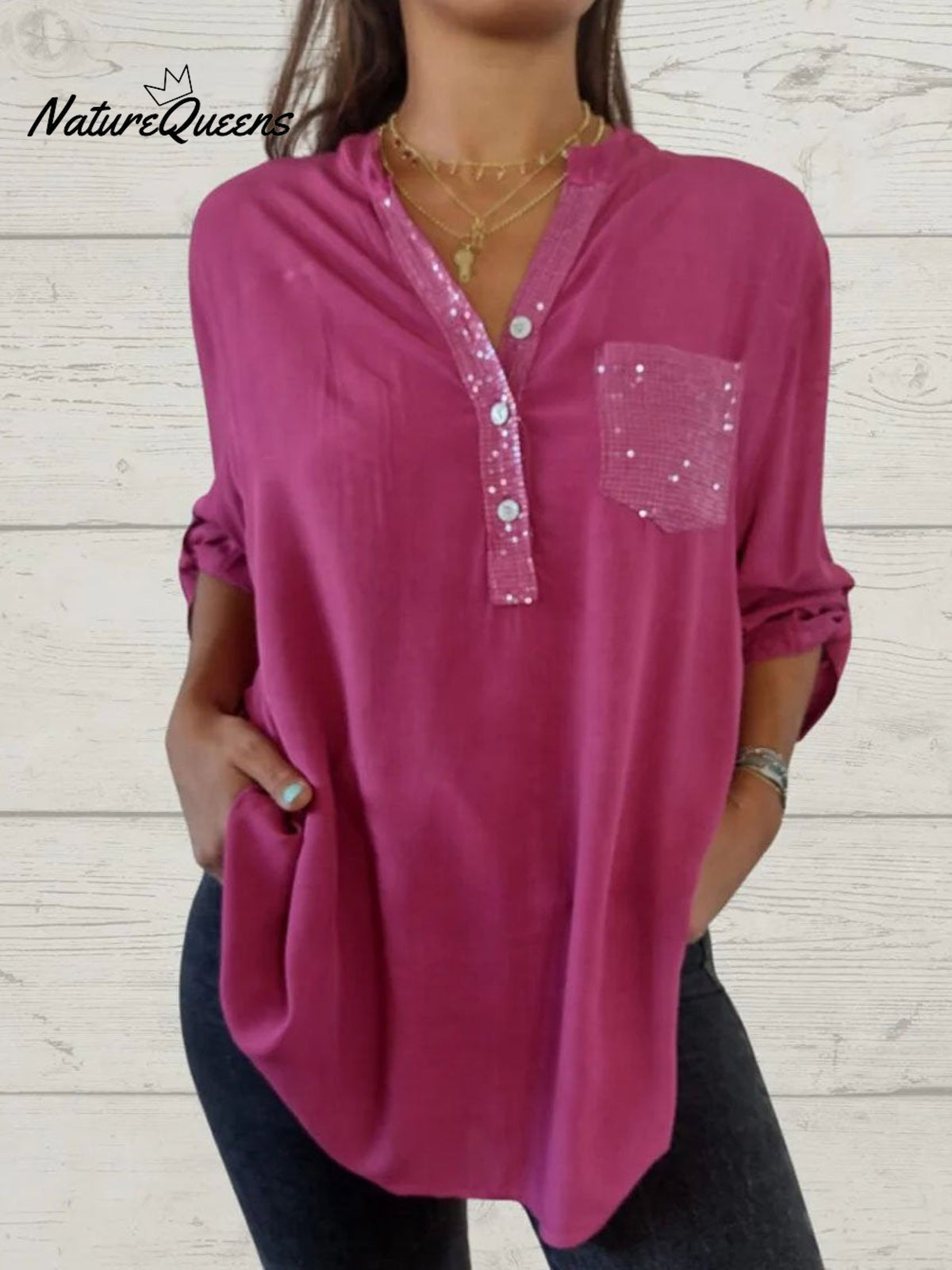 Women’s Casual Sequin Patchwork Shirt Rose / S