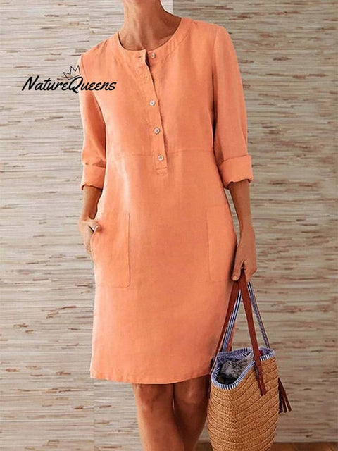 Spring Cotton And Linen Round Neck Long Sleeve Dress Orange / S