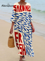 Women's Vintage Fish Sardine Art Print Pocket Cotton Dress