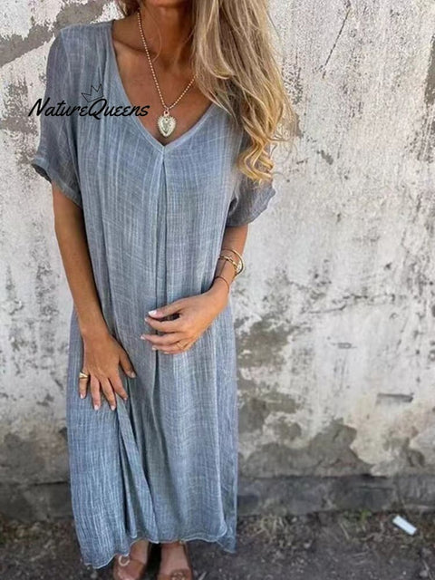 Stylish Cotton And Linen V - Neck Dress Grey / Xs