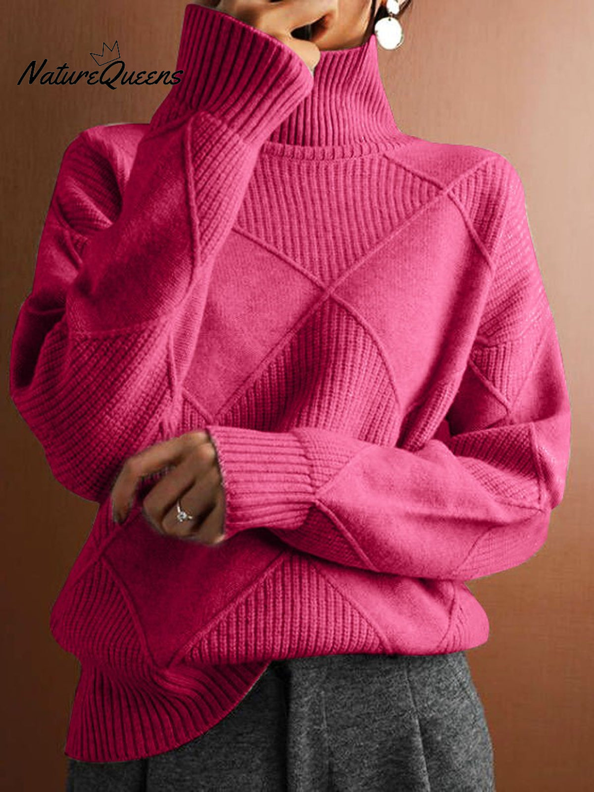 Women's Solid Color Stylish Long-sleeved Loose turtleneck Warm Casual Knitted Sweater