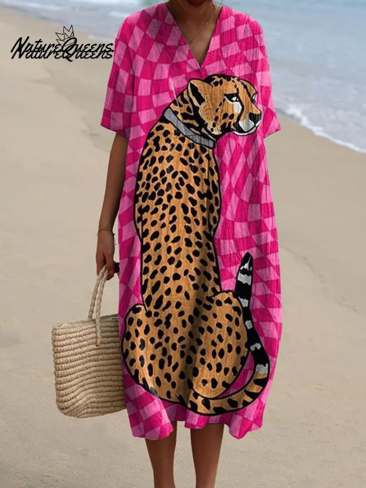 Cute Check Cheetah Print Cotton and Linen Long Sleeve Shirt