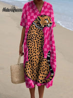Cute Check Cheetah Print Cotton and Linen Long Sleeve Shirt