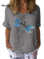Women’s Dragonfly Art Print Cotton & Linen Casual Top Grey / S