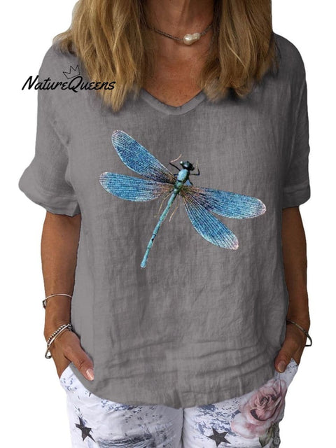 Women’s Dragonfly Art Print Cotton & Linen Casual Top Grey / S